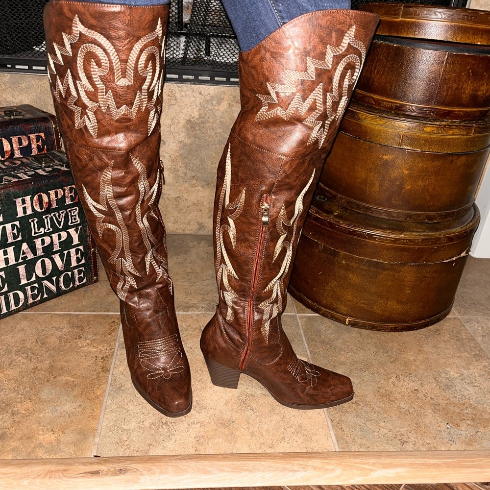 Brown Embroidered Heeled Boots - image 5